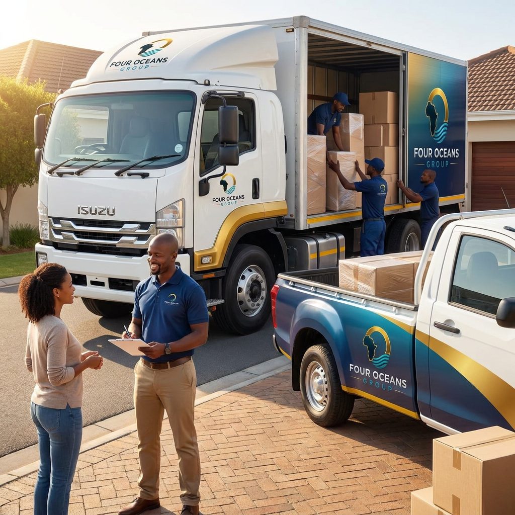 A Four Oceans Group mover with a clipboard greeting a client on her driveway, while staff load boxes into the liveried box truck and bakkie behind them